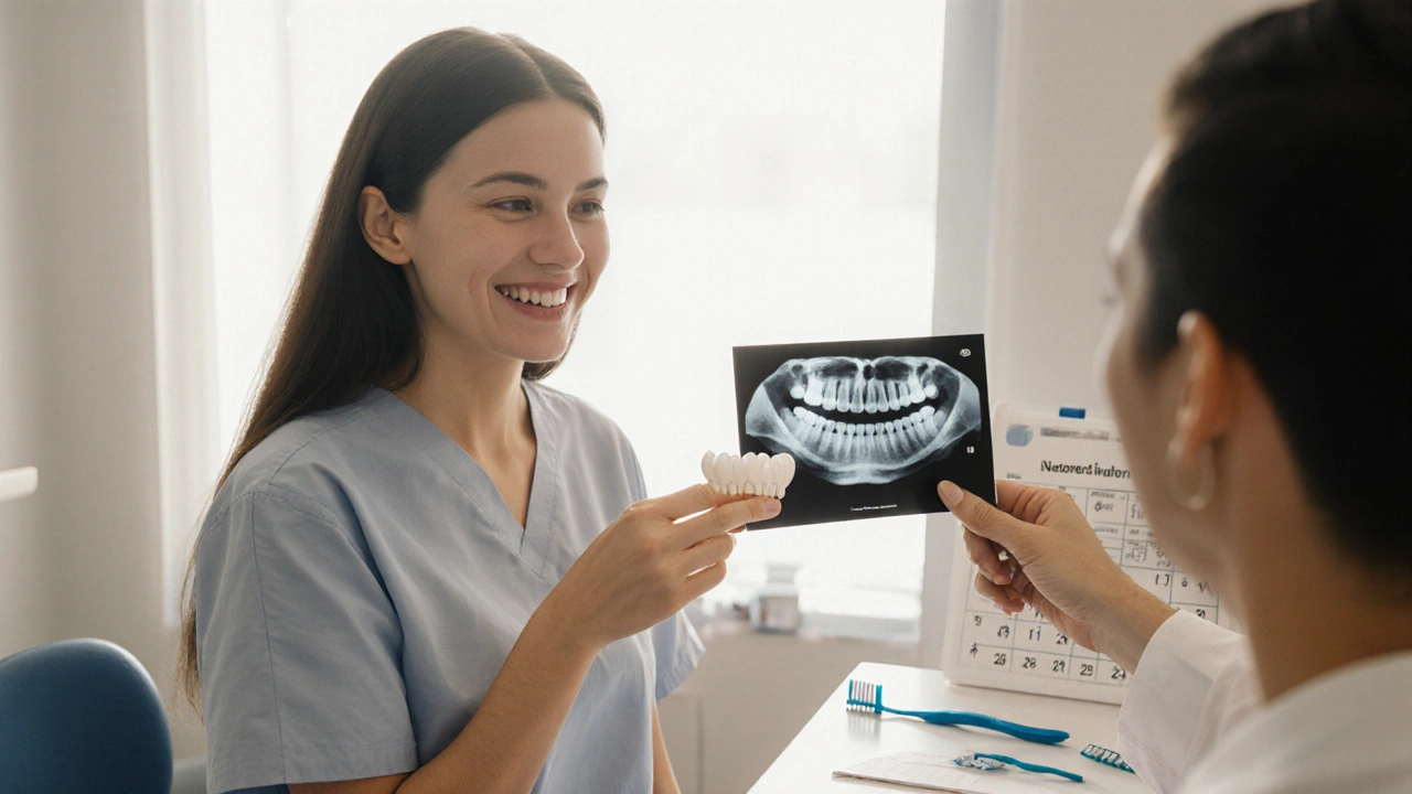 Patient smiling with dental crown, holding X-ray of healed root canal.