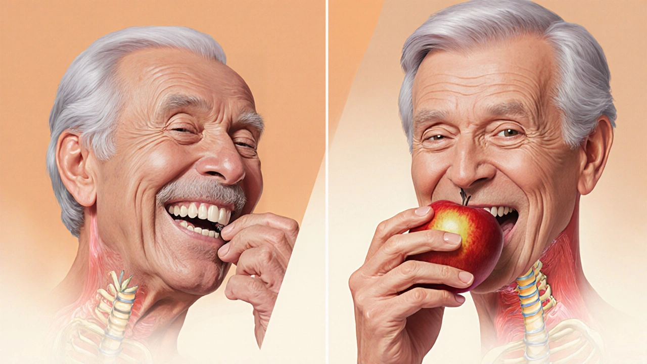 Porovnání staré a moderní protézy při jídlu jablka – jedna se pohybuje, druhá je pevná.