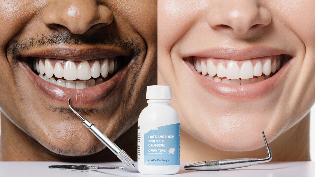 Porovnání tmavých a bělých zubů ukazující efekt profesionálního bělení.