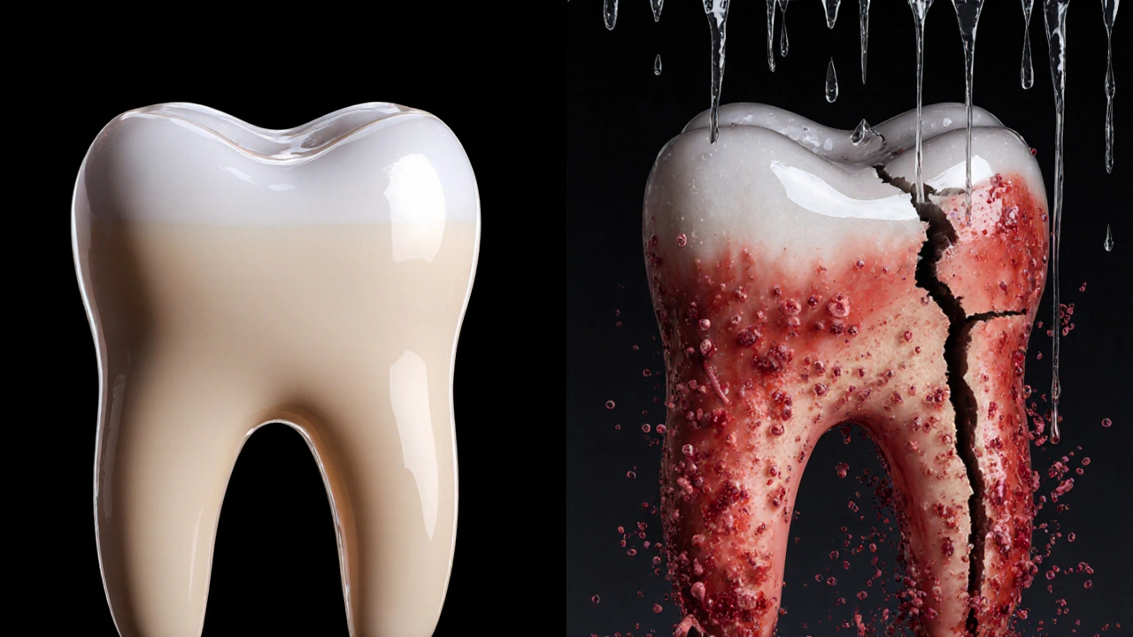 Porovnání zdravého zubu a zubu s hlubokou prasklinou a infekcí