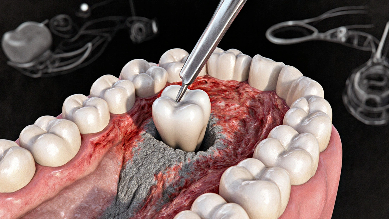 Příčný řez čelisti ukazující impaktovaný zub moudrosti pod dásní a kostí.