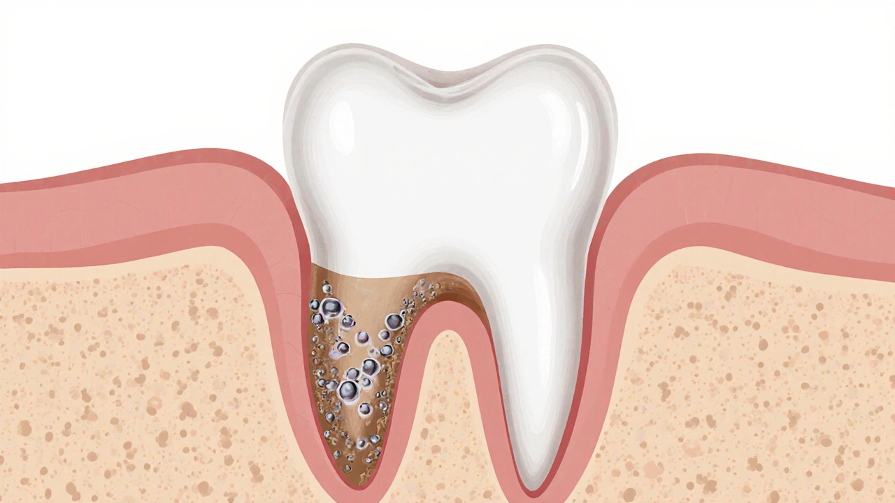 Průřez zubu ukazující přechod od demineralizace k počátečnímu rozpadu sklovinové vrstvy.