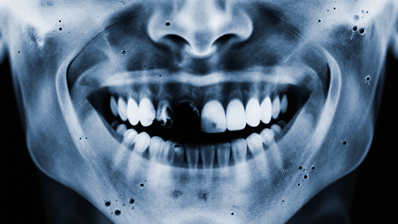 Rentgenový snímek zobrazující kaz pod korunkou