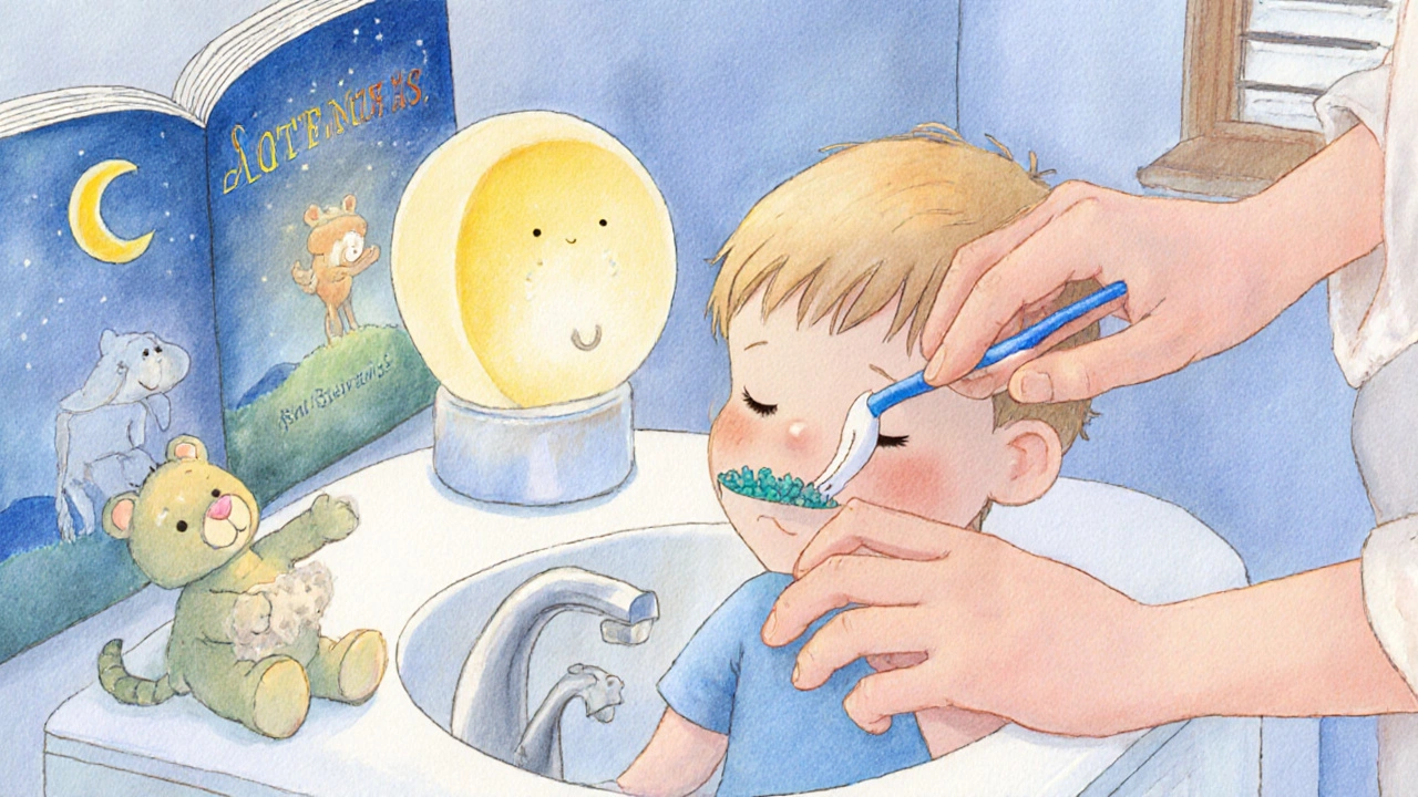 Rodič čistí zuby dítěti večer, společně s malým kartáčkem a pohodlným prostředím.
