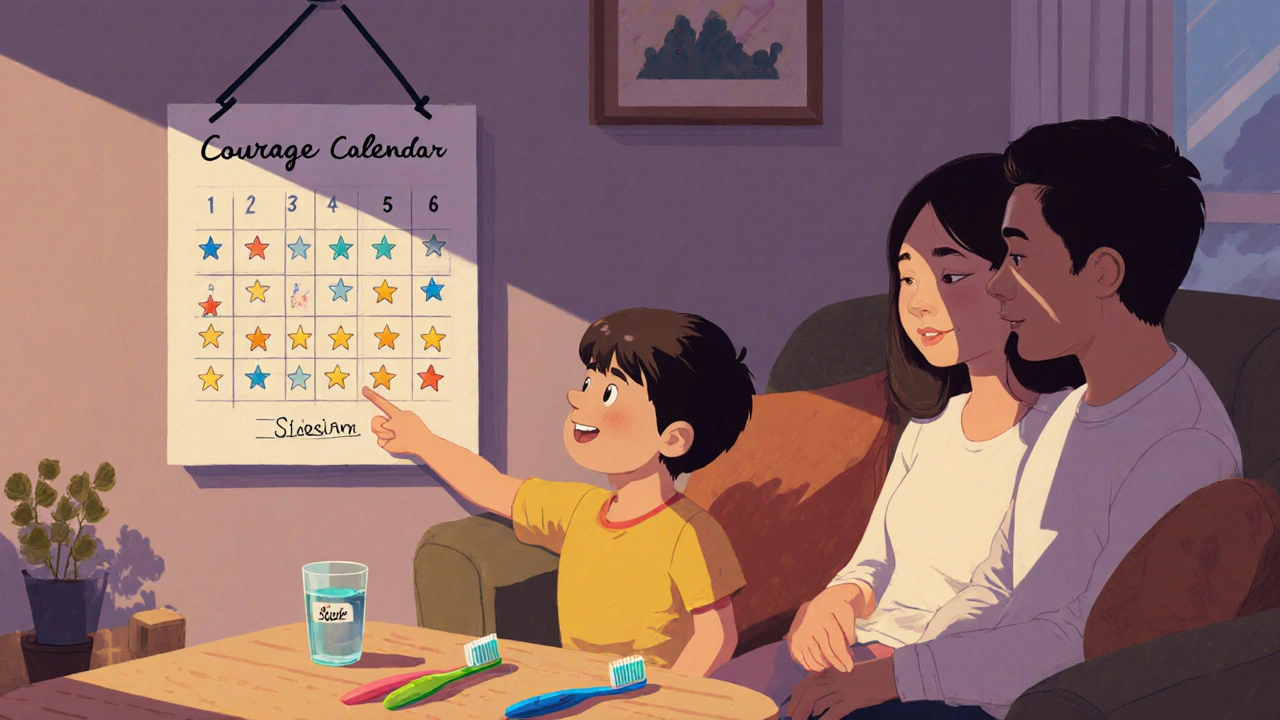 Rodina spolu s dítětem sleduje kalendář odvahy s hvězdičkami a zubní kartáčky označené jménem.