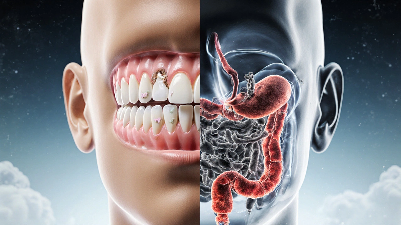 Rozdělená hlava: zdravé ústy na jedné straně, zánětlivé dásně a poškozený trávicí systém na druhé.