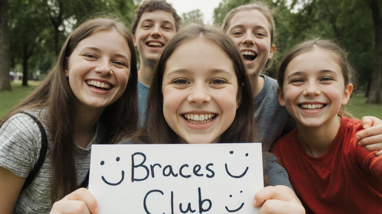 Skupina dětí v parku se fotí společně, nosí keramická rovnátka a vytvářejí přátelskou komunitu.