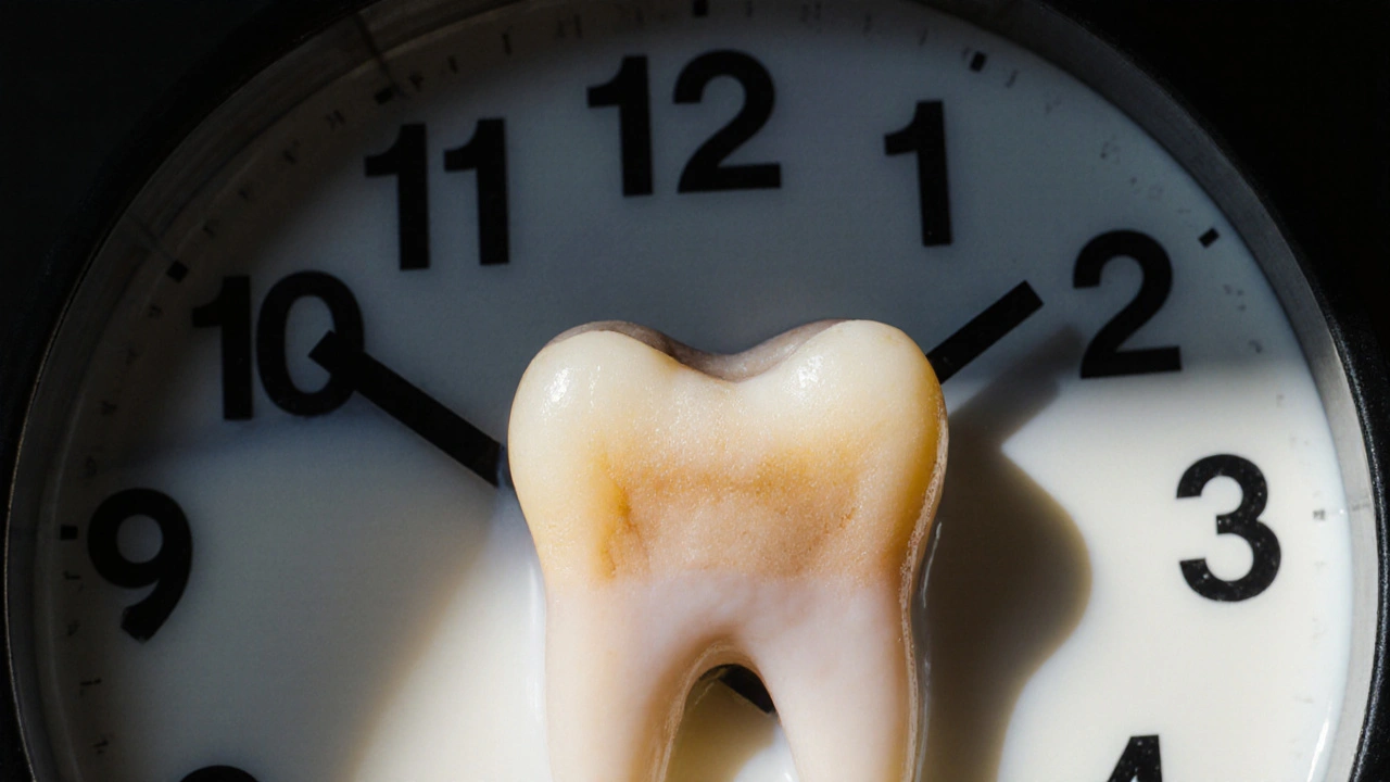 Symbolický obraz času a životaschopnosti vypadlého zubu v mléce.