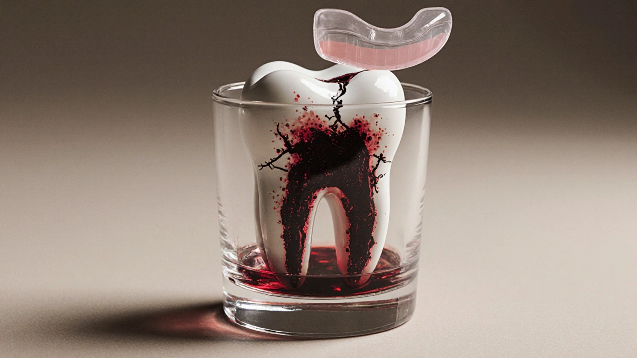 Symbolický obraz poškozeného zubu, do kterého vnikají bakterie, s ochrannou noční destičkou nahoře.