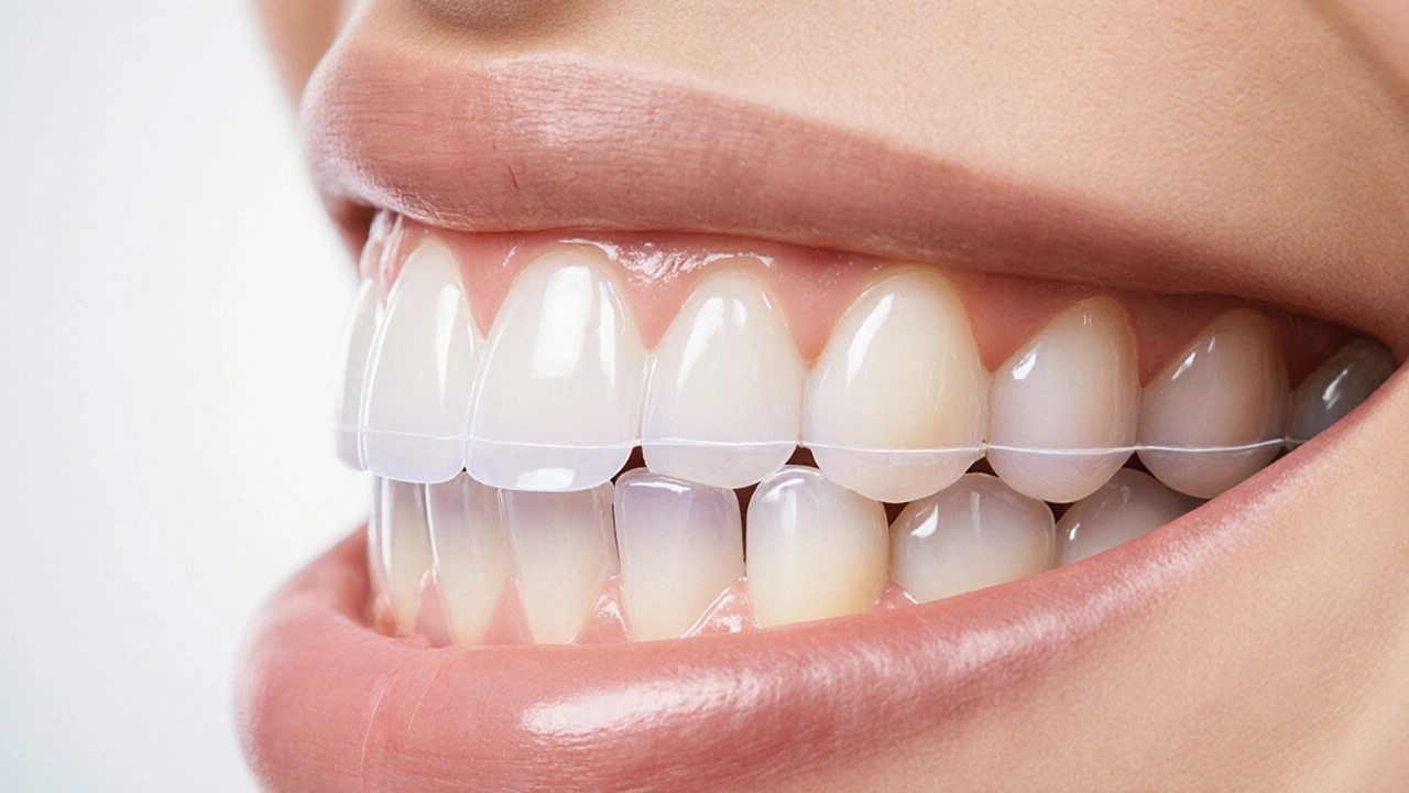 Tlusté keramické fazety přilepené na zuby s přirozeným leskem.