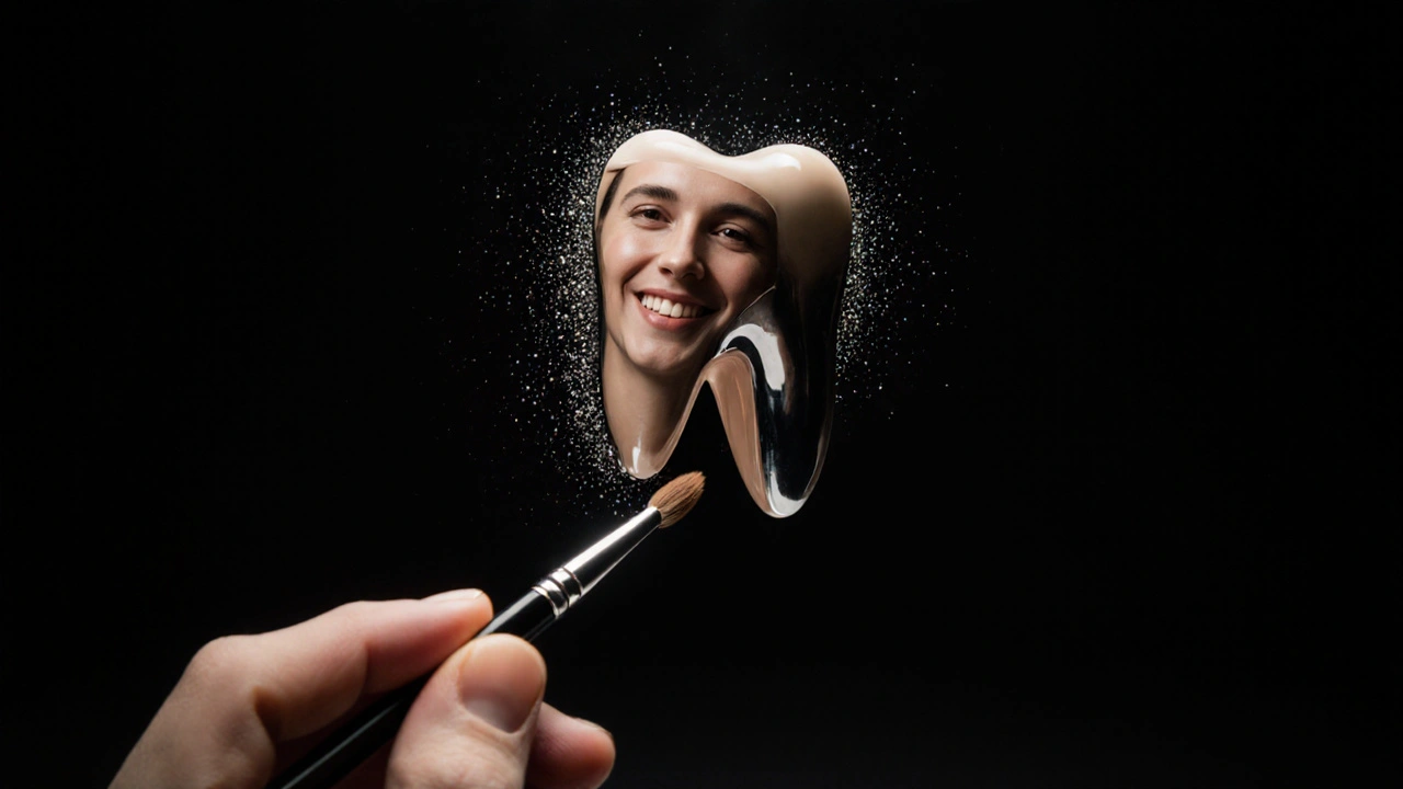 Umělecká reprezentace výroby kompozitní fazety jako precizního díla.