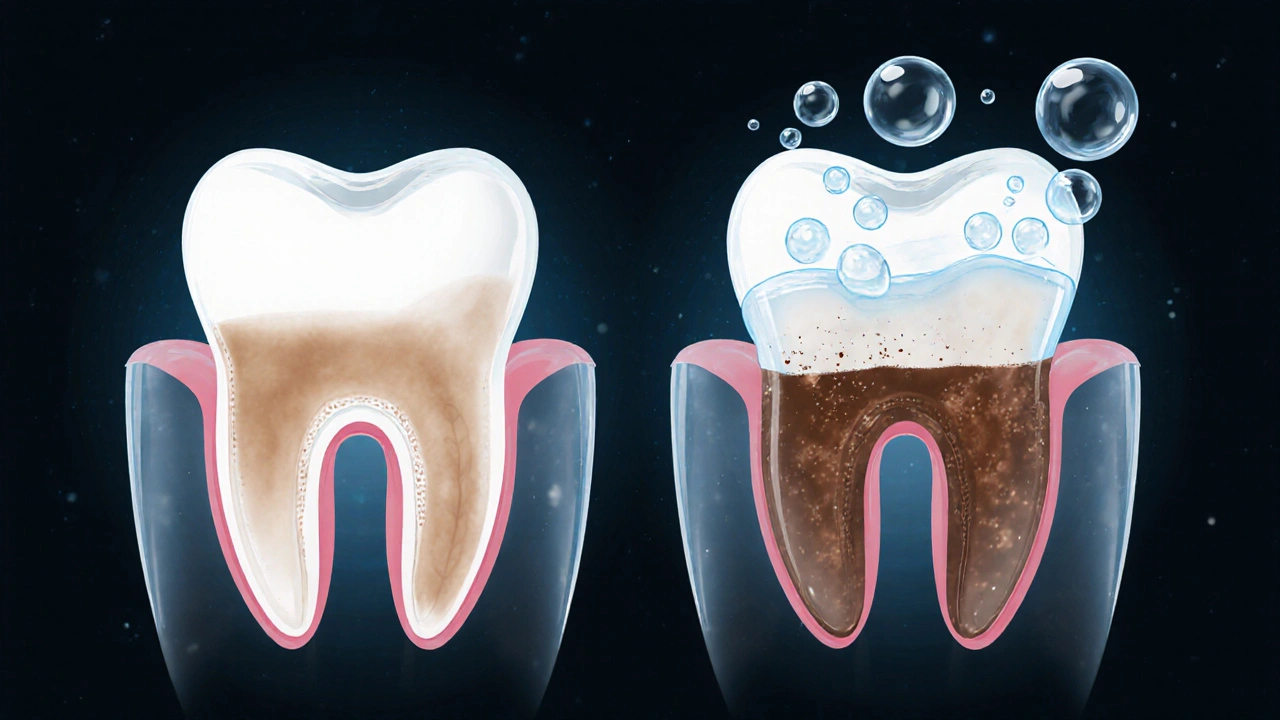 Vnitřní struktura zubu s kyslíkovými bublinami rozkládajícími tmavé skvrny z kávy a vína.