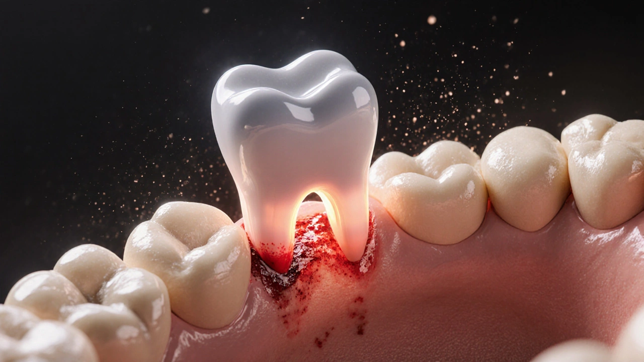 Vyjmutý zubový ložisko s krevní sraženinou a procesem hojení v čelisti.