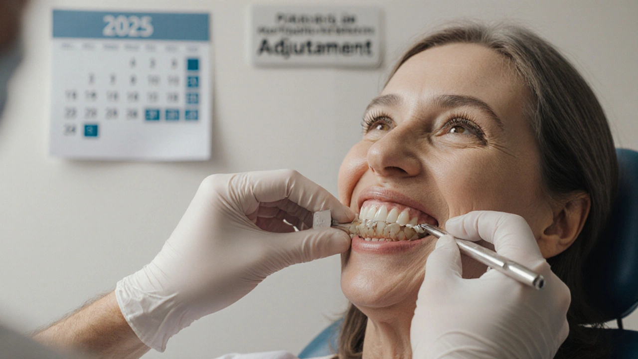 Žena má zubní protézu upravována v zubní klinice, na zdi je kalendář s označením roku 2025.
