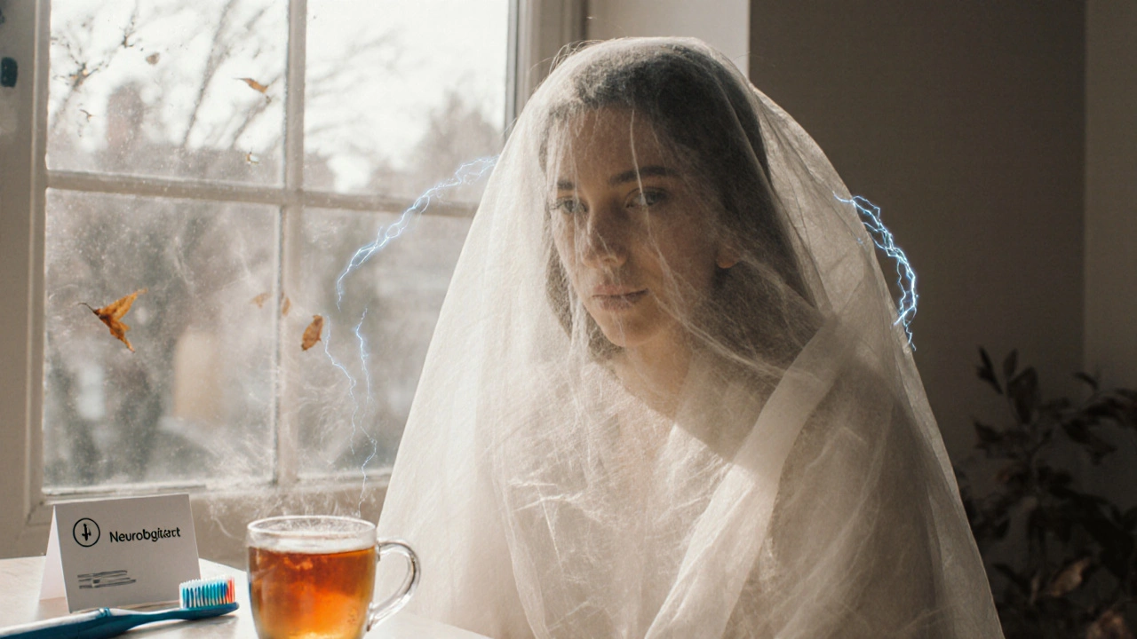 Žena se usmívá při větru, zatímco neviditelné elektrické pulzy označují místo bolesti.