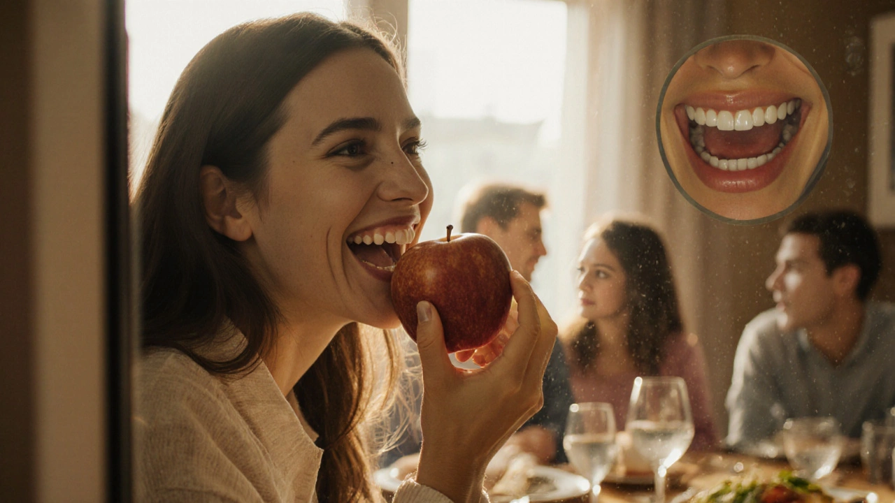 Žena směje se, když jí zuby nezdržují jídlo, v pozadí rodina a odlesk její minulosti ve skle.