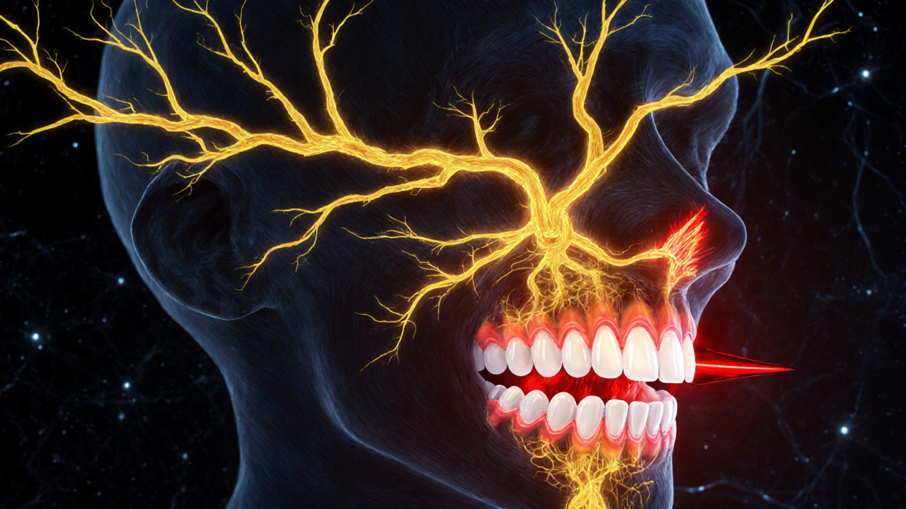 Zlatá nervová větev z mozkového kmene osvětluje obličej, s bolestí v oblasti předních zubů.