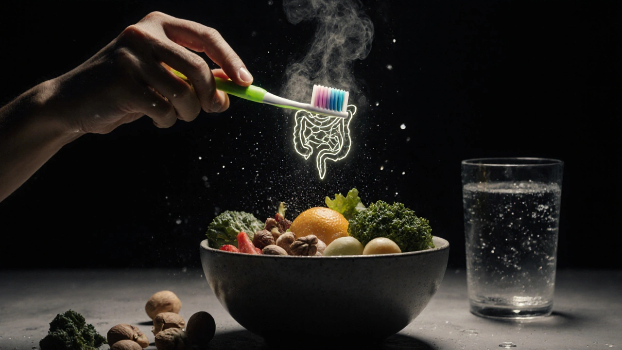 Zubní kartáček vedle syrové zeleniny, světelné spojení mezi zuby a trávicím traktem.
