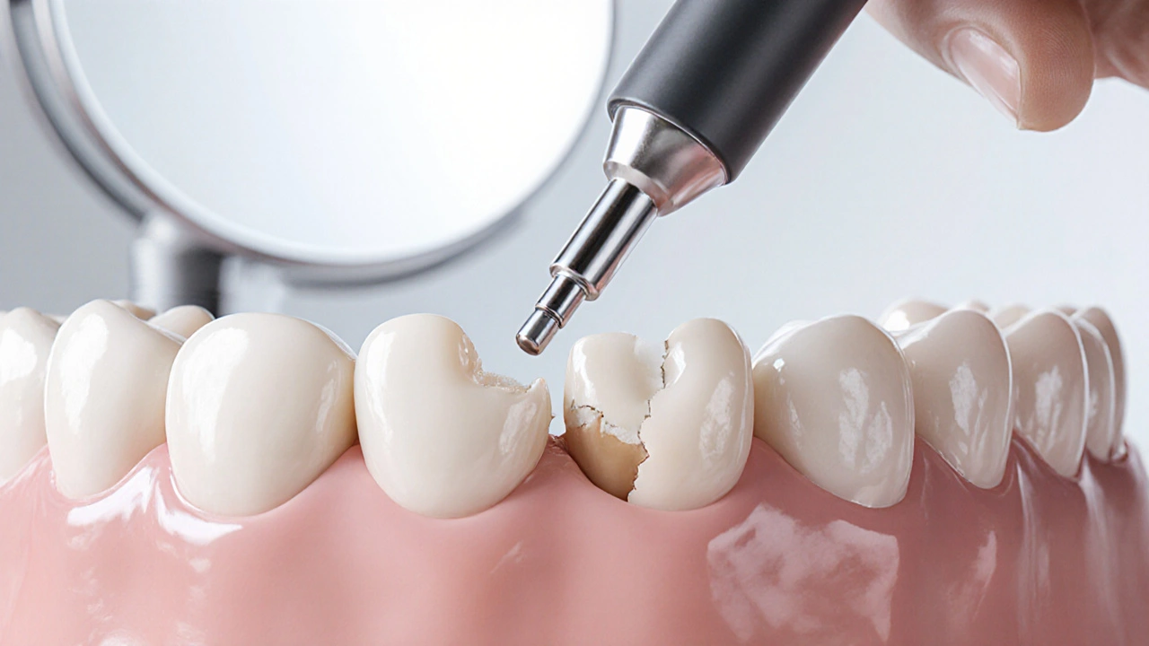 Zubní lékař opravuje zlomený zub kompozitní výplní.