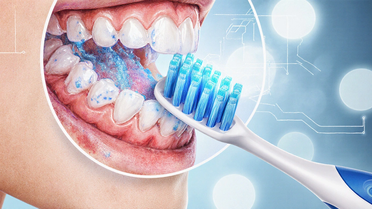 Zvětšený pohled na kartáček čistící mezery mezi zuby a dásně s fluoridovou pastou.