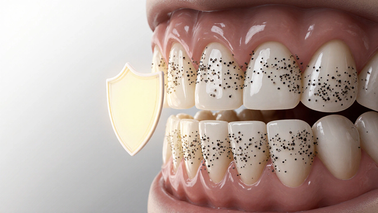 Zvětšený pohled na zuby s mikrotrhlinami, do kterých vstupují barviva, zatímco ochranný prstenec září kolem skloviny.