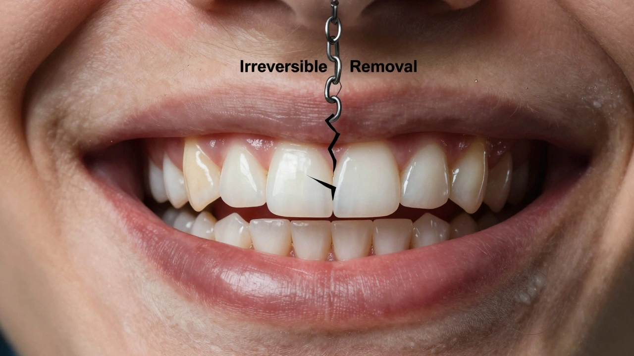 Before and after smile comparison with a broken chain symbolizing irreversible enamel loss.
