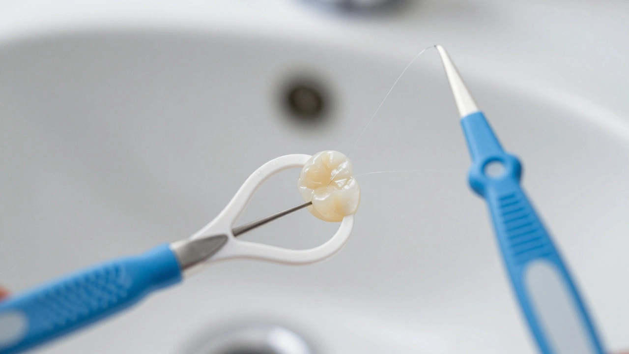 Dentální nit prochází mezerou mezi zuby s fazetami, vedle ní mezizubní kartáček.