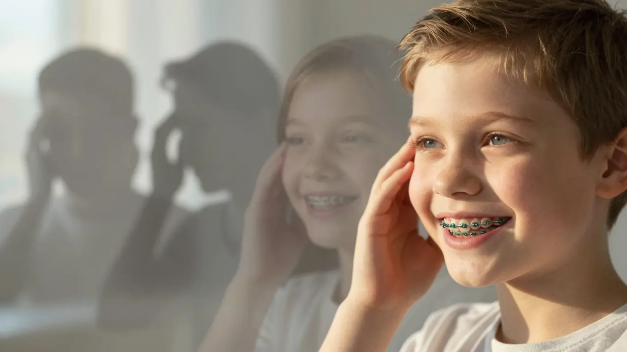 Dítě se smíchem do zrcadla, kde je jeho budoucí úsměv překrytý transparentním náčrtem správného sevření.