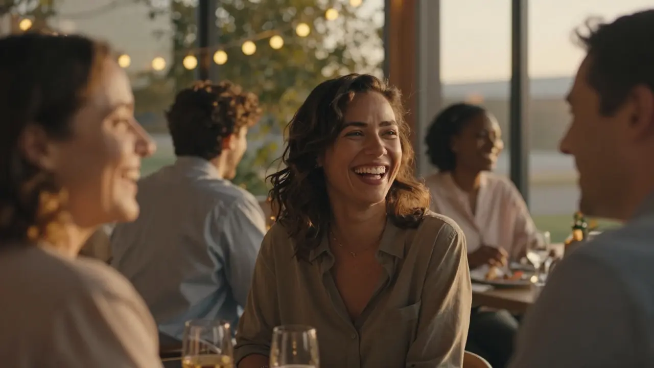 Dospělí lidé se smějí na večírku, nikdo nevidí rovnátka, všichni vypadají svobodně.