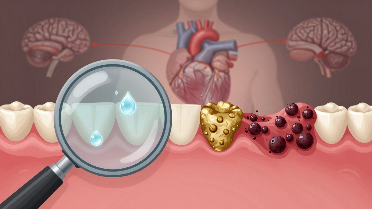 Dvě části obrázku: zdravé dásně s prosvítajícími slinami a znečištěné dásně s bakteriemi, spojené s tělem.