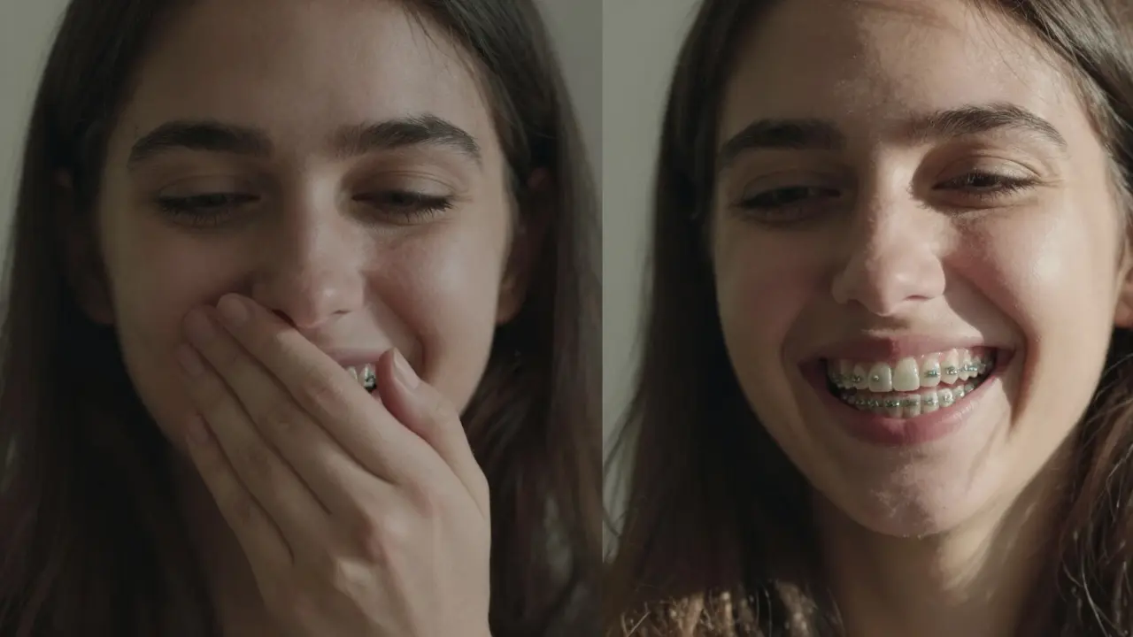 Dvě verze stejné osoby: jedna se skrývá, druhá se volně směje s keramickými rovnátky.