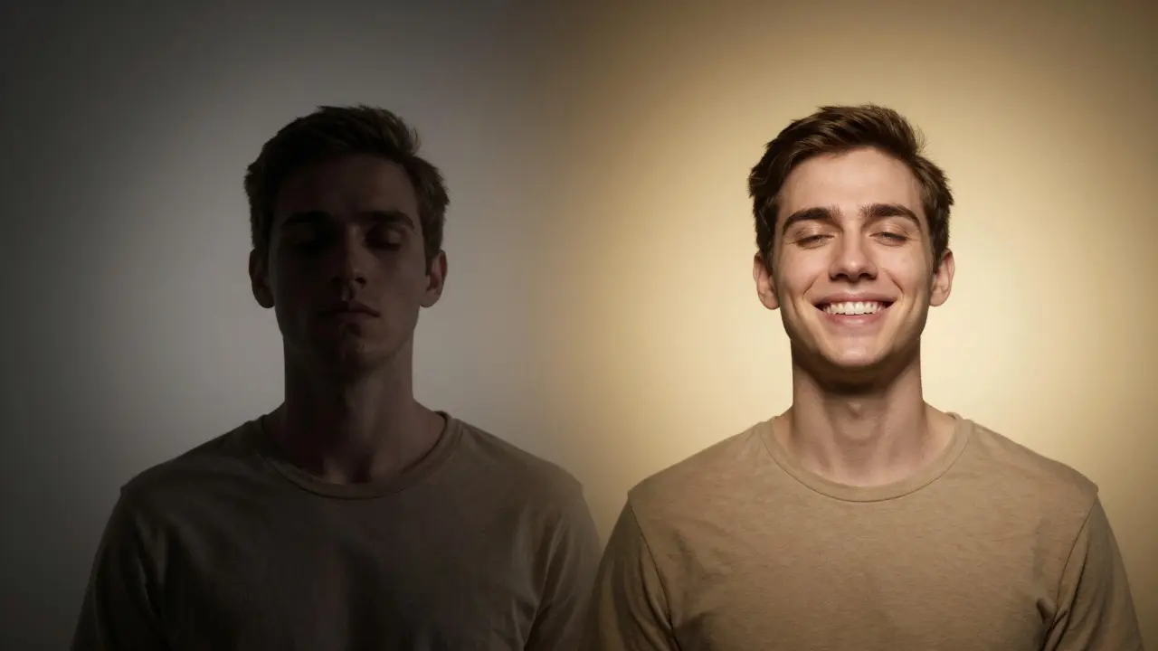 Dvojitý obraz: před a po maxilofaciální operaci s výrazným přechodem od tížení k volnosti