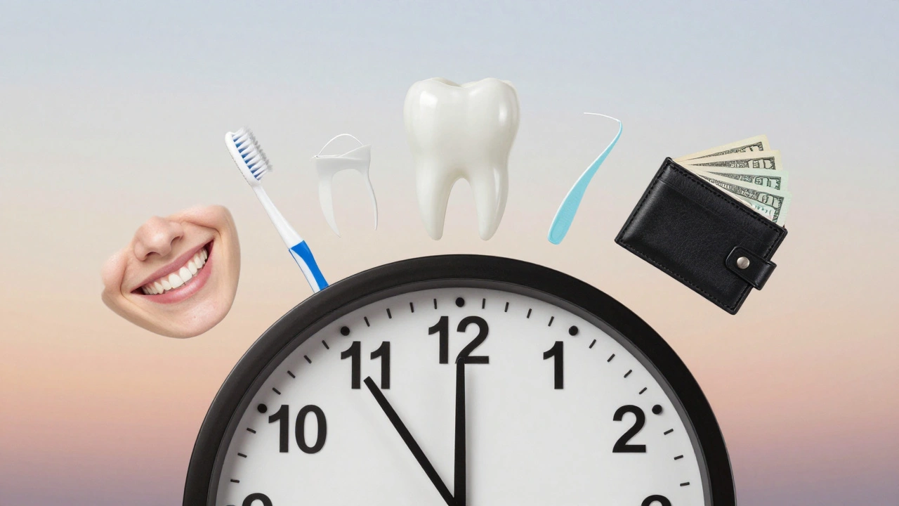 Hodiny s nástroji pro péči o zuby místo čísel, symbolizující pravidelnou kontrolu.