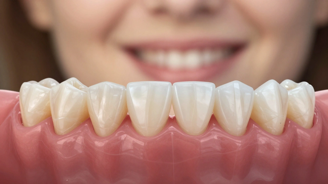 Keramická korunka překrývá křivý zub, vytvářející přirozeně rovný úsměv.