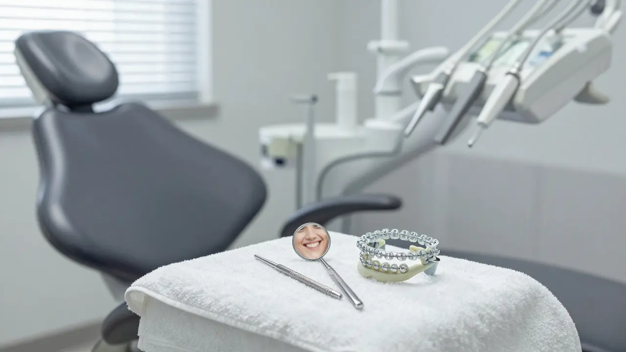 Keramická rovnátka leží na ručníku v ortodontické klinice, zrcadlo odrazuje úsměv.