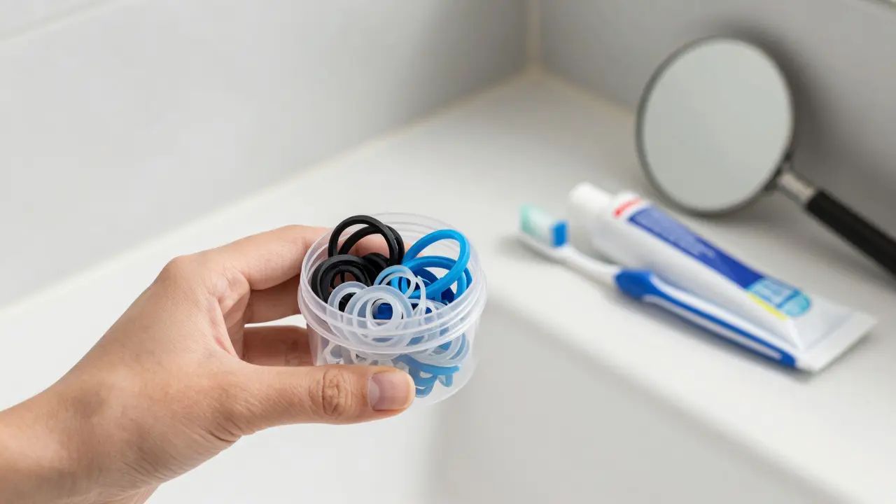 Kontejner s gumičkami na rovnátka, zubní kartáček a zrcátko na koupelnové desce.