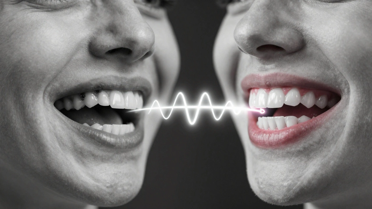 Kontrast mezi zubním kamenem a zdravými zuby, spojeným ultrazvukovou vlnou jako symbolem prevence.