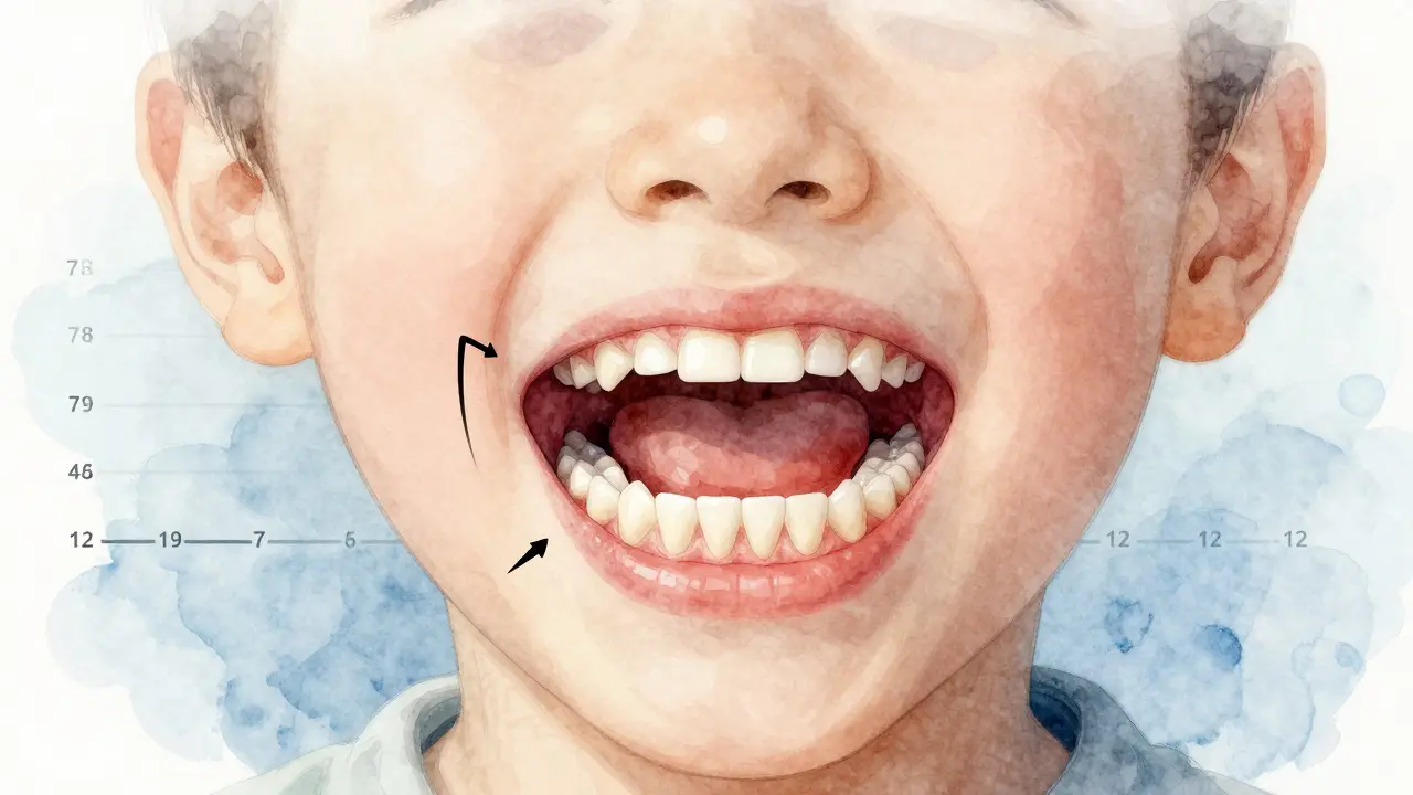 Křížový řez čelisti dítěte ukazující šíření patra pomocí rozšiřovacího zařízení.