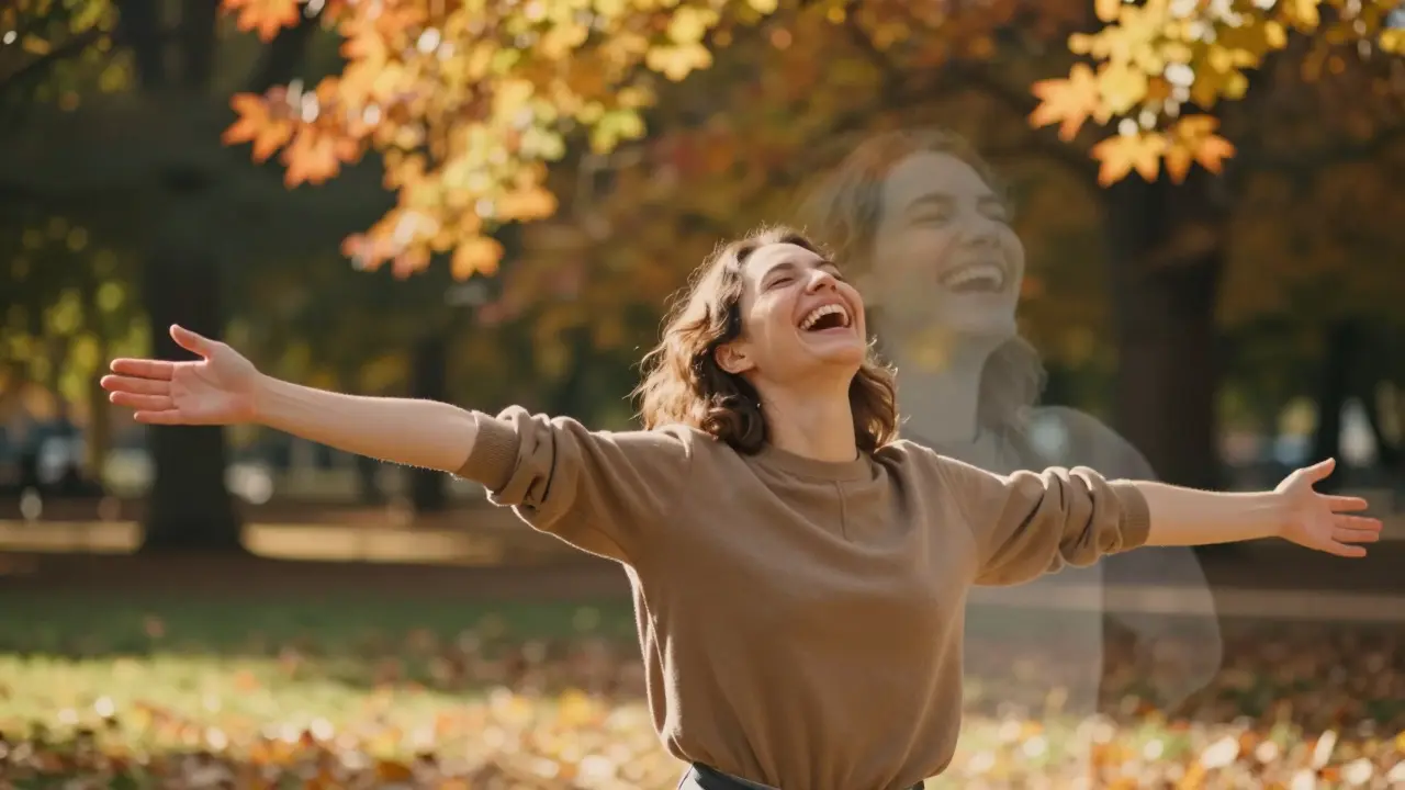 Muž se směje v parku, jeho dřívější nevyrovnaný úsměv je jako stín za ním.