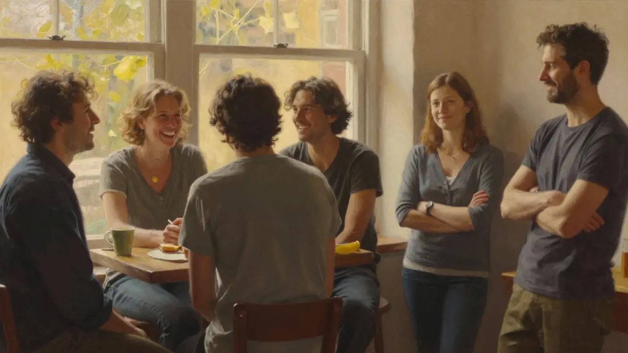 Muž ve skupině se směje jen málo, zatímco ostatní se veselo baví.