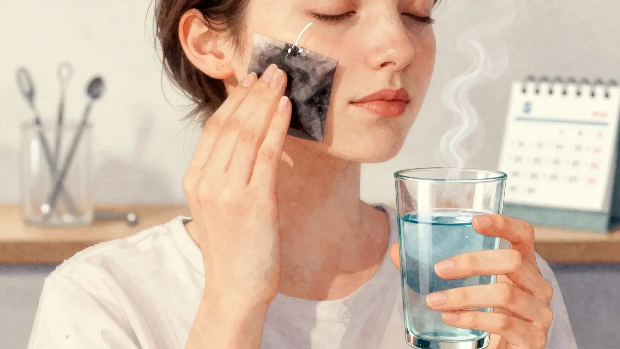 Osoba aplikuje chladný čajový pytlík na tvář a drží solnou vodu.