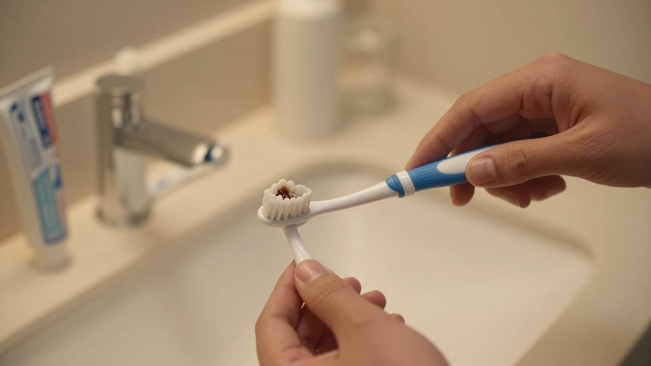 Osoba čistí zuby rotačním kartáčkem s přesnými kruhovými pohyby.