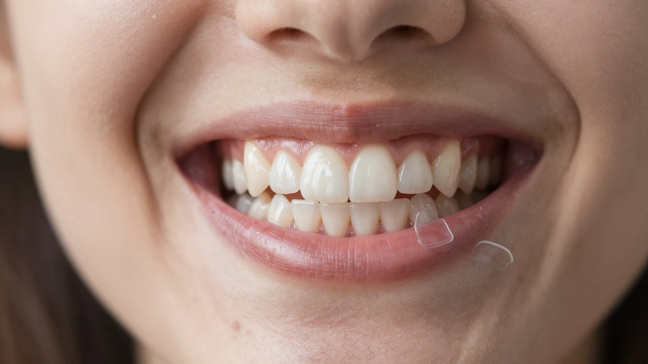 Osoba se směje s dokonalým úsměvem, kde korunky a Invisalign spolupracují.