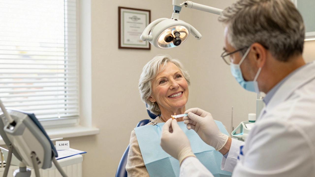 Patient and dentist reviewing a ceramic onlay in a warm, modern Czech dental office.