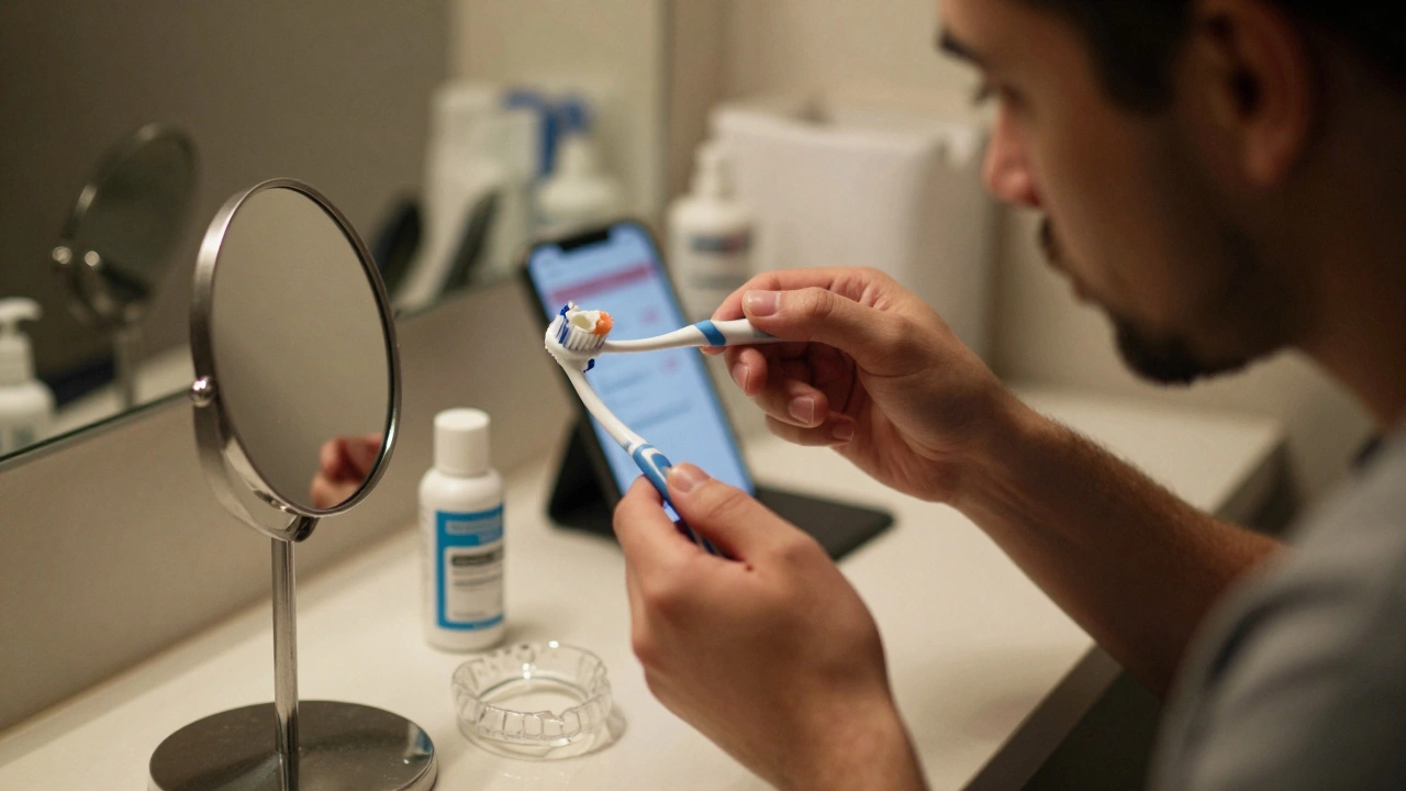 Patient examining a chipped veneer in the mirror with dental care products nearby.