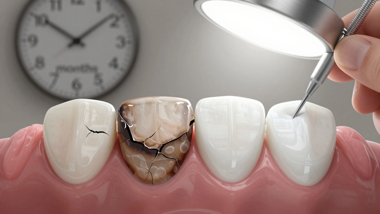 Porovnání poškozené a nepoškozené fazety s viditelnou kariésí pod ní.