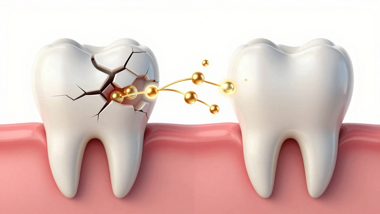 Porovnání poškozené a obnovené zubní skloviny s proudem minerálů, které ji opravují.