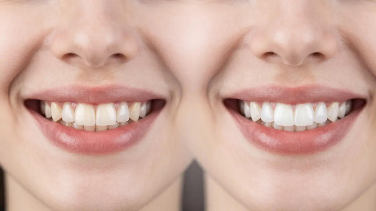 Porovnání před a po náhradě faset – jednotný bílý úsměv po rekonstrukci.