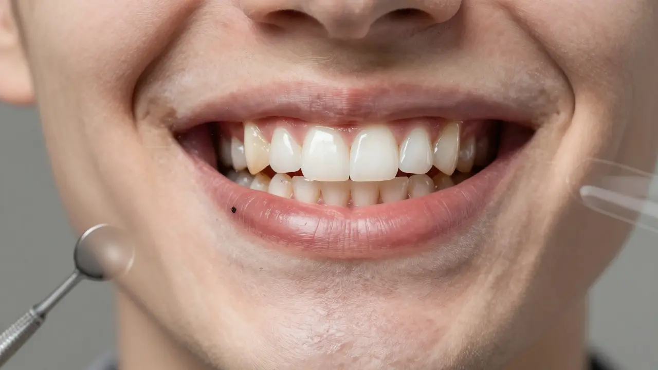 Porovnání zubů před a po broušení: tmavé, znečištěné zuby na jedné straně, čisté a lesklé na druhé.