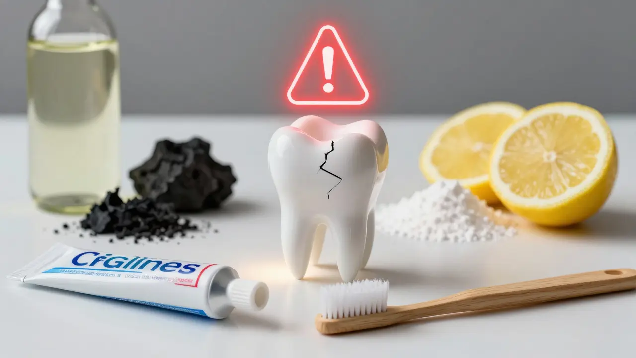 Poškozený zub s zakázanými prostředky, vedle něj bezpečná zubní pasta.
